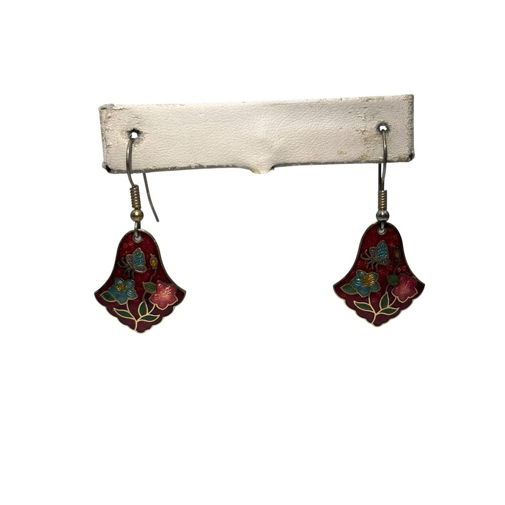 Vintage Gold Tone Red Cloisonne Enamel Nature Scene Pierced Dangle Earrings